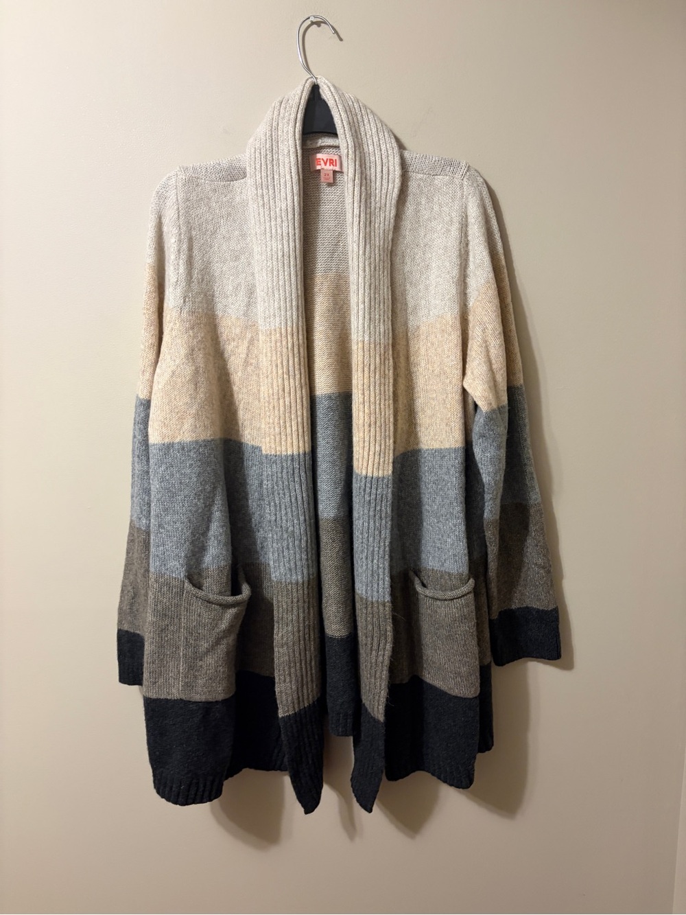 EVRI Neutral Multi-Stripe Shawl Collar Open Cardigan Women’s 2X